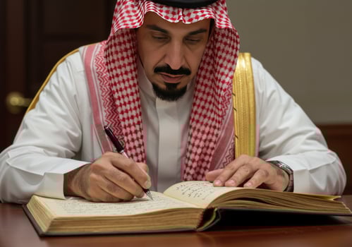A close-up photo of a Saudi Gulf Arab man writing on a historical leather manuscript, heritage letters and correspondence