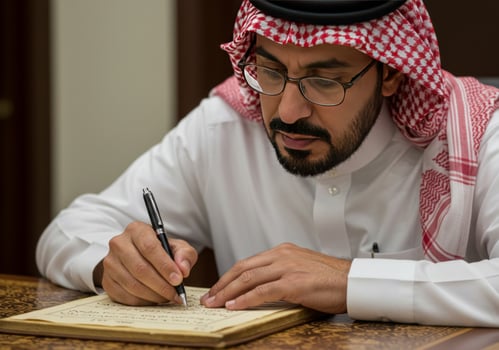 a Saudi Gulf Arab man wearing a ghutra and a bisht holding a pen in his hand writing on a historical leather manuscript, heritage letters and correspondence photo