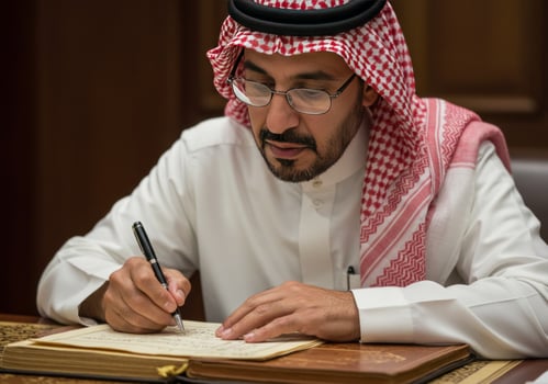 A close-up photo of a Saudi Gulf Arab man wearing a ghutra and a bisht holding a pen in his hand writing on a historical leather manuscript