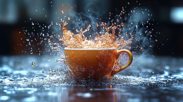 A vibrant coffee cup splashes water in a glitchy digital effect, creating an energetic and captivating visual experience. Enjoy this colorful display. photo