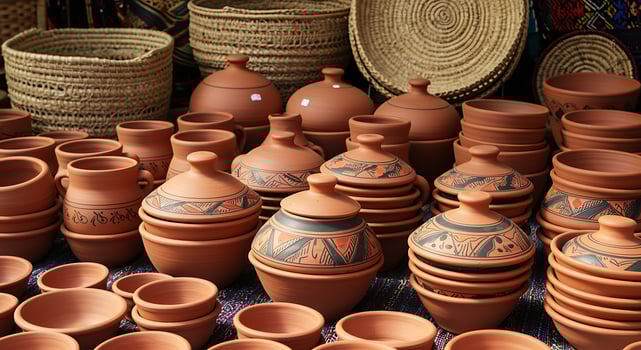 A table with many pots and baskets photo