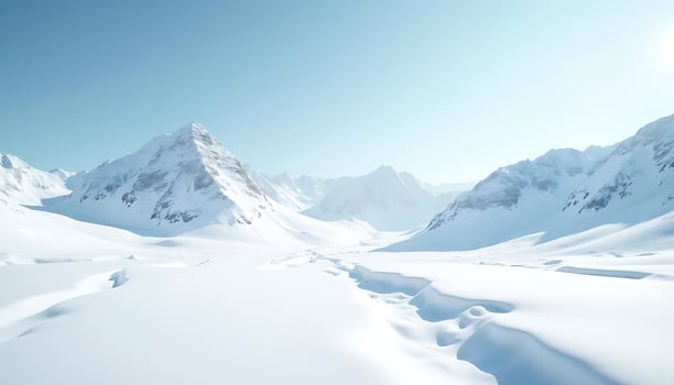 A snowy mountain landscape with a sun shining in the background photo