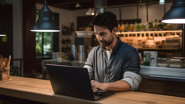 Dedicated small business owner streamlines online orders at home office during cozy evening hours for entrepreneurial success photo