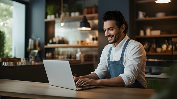 Small business owner managing online orders coffee shop candid shot cozy environment close-up view entrepreneurial spirit photo