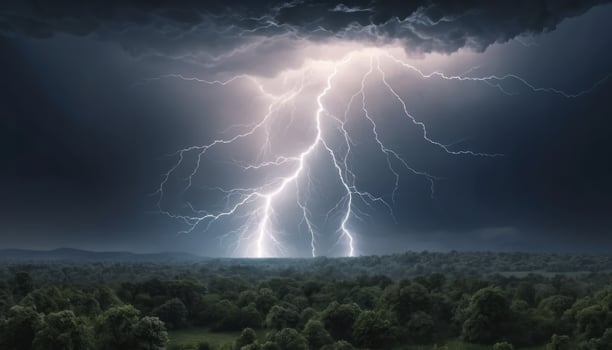 Powerful Lightning Strike Over Dark Forest Landscape at Night photo