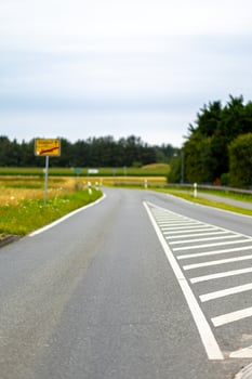 A winding rural road under a cloudy sky with green fields in the background and directional signage in the distance photo
