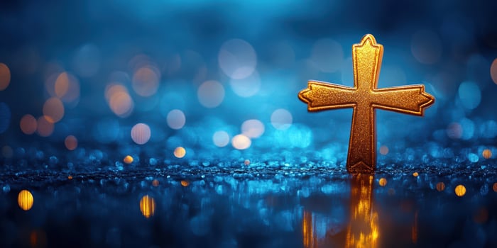Golden cross glows softly on a wet surface surrounded by shimmering blue lights in the evening photo
