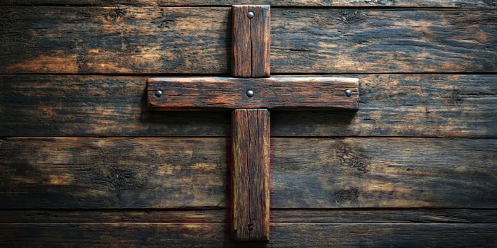 Wooden cross mounted on rustic wooden background in a serene setting photo