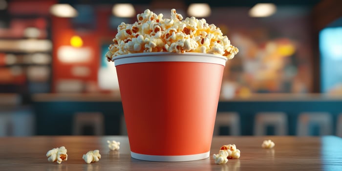 Large red popcorn bucket filled with fluffy popcorn in casual dining setting during movie night photo
