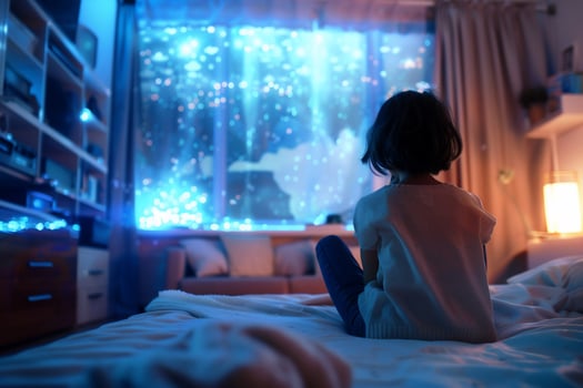 Child sits on bed, gazing at magical window display photo