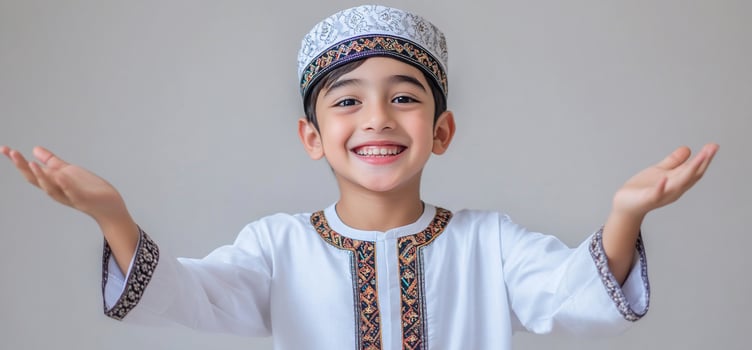 Happy Boy in Traditional Dress Presenting photo