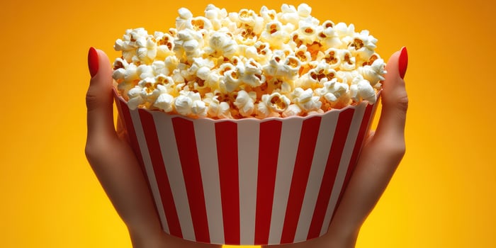 Large striped popcorn bucket being held against a bright yellow background at a movie theater photo