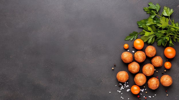 Freshly cooked meat balls arranged on a dark grey textured surface with herbs and spices. photo