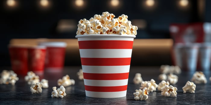 Delicious popcorn in a striped cup on a dark table with scattered kernels and blurred background during an evening outing photo