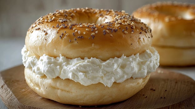 Delicious Bagel with Cream Cheese A High-Resolution Image Showcasing a Freshly Baked Sesame Seed Bagel Generously Filled with Smooth, Creamy Cream Cheese Perfect for Breakfast, Brunch, or a Quick photo