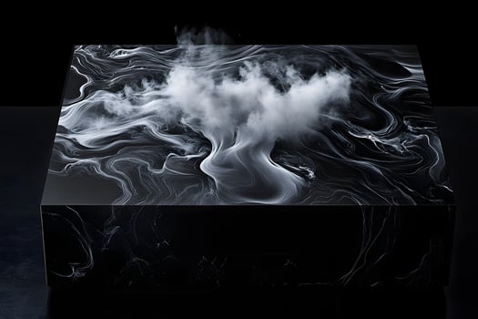 Black marble block, smoke cloud, dark studio photo
