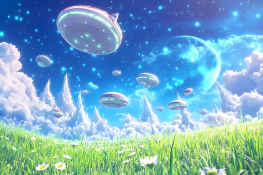 Alien ships fly over fantasy landscape at night photo