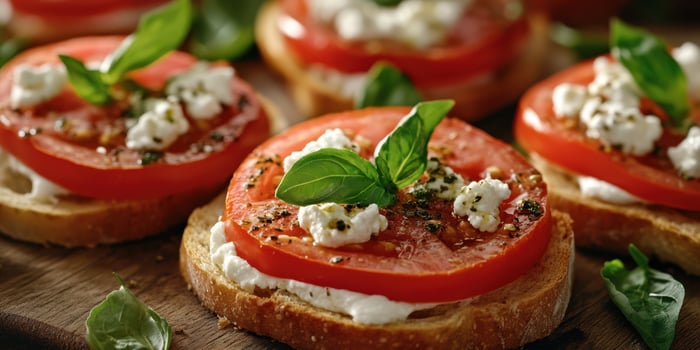 Fresh tomato and basil bruschetta served on crusty bread with creamy cheese garnished with herbs on a wooden board photo