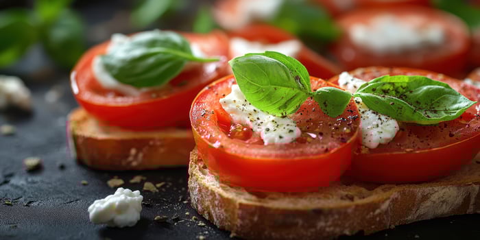Fresh tomato basil bruschetta served on toasted bread with creamy cheese for a delicious appetizer photo