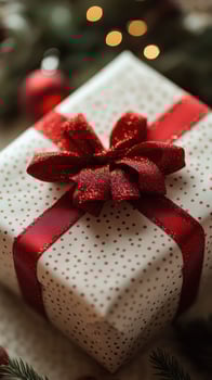 Gift box with festive wrapping and red ribbon amid holiday decorations during Christmas season photo