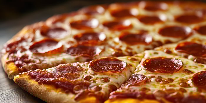 Pepperoni pizza with melted cheese and crispy crust presented on a wooden table photo