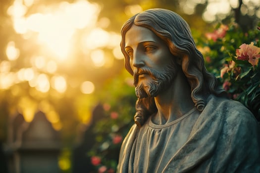 Majestic statue of Jesus Christ illuminated by golden sunlight in a serene garden. photo