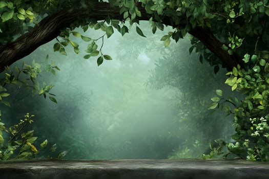 Misty forest scene, stone surface, product display photo