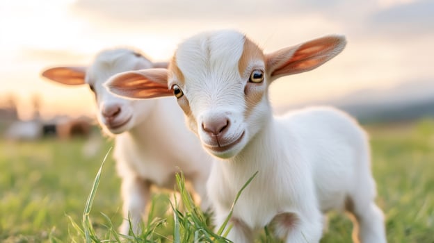 Two adorable baby goats playing in a green field at sunset photo