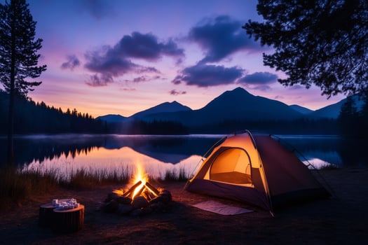 Illuminated tent and campfire by a tranquil lake at sunset in the mountains photo