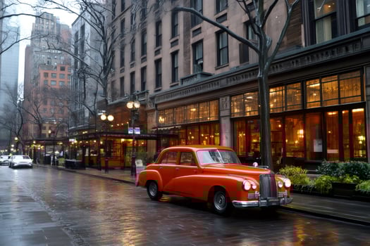 Classic orange car parked on a rainy street in Manhattan, New York City photo