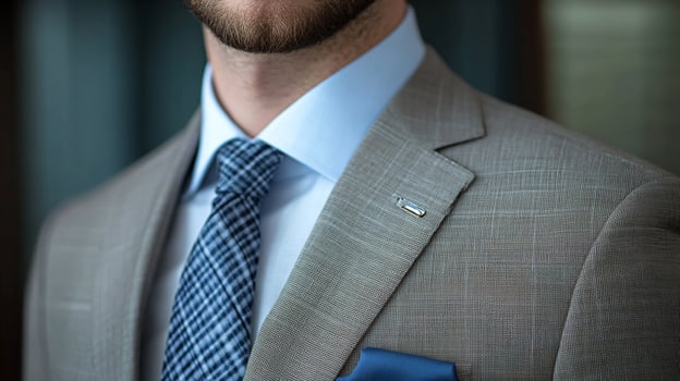 Man wearing a suit jacket, tie, and light blue collared shirt showcasing professional business attire for a polished and sophisticated appearance. photo
