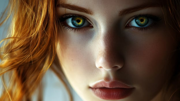 A striking portrait of a beautiful woman with vibrant red hair and captivating multicolored eyes, showcasing her unique and alluring features. photo