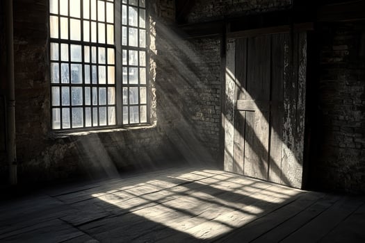 A dark room with sunlight streaming through the window photo