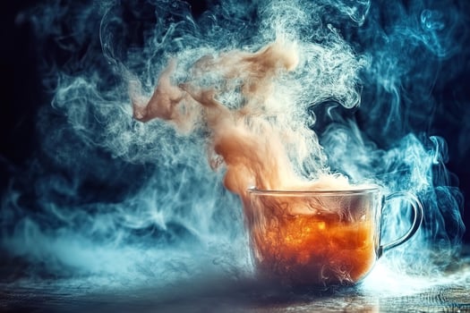 Steaming teacup, smoky background, dark setting, drink concept photo