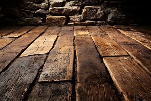 Rustic wooden floor, stone wall background photo
