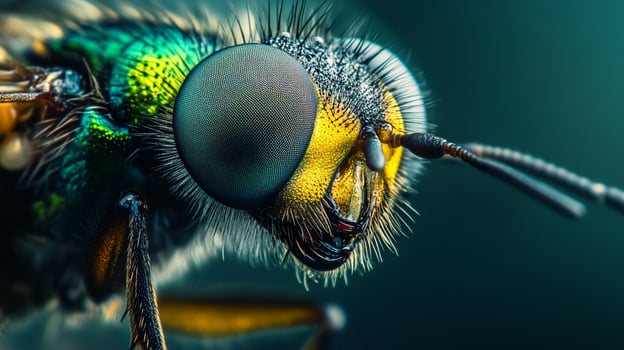 Macro shot of a vibrant, detailed insect face showcasing iridescent greens, yellows, and complex eye structure. Extreme close-up reveals intricate details. photo