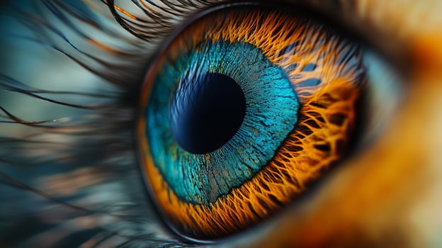 Close-up of a mesmerizing eye with vibrant blue and orange hues, capturing its intricate details and captivating gaze. Captivating detail. photo