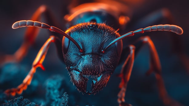 Macro photograph showcases the intricate details of an ant's head, highlighting its antennae and mouthparts with striking lighting. photo
