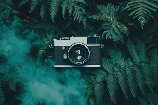 Vintage camera, fern backdrop, smoke effect, nature photography photo