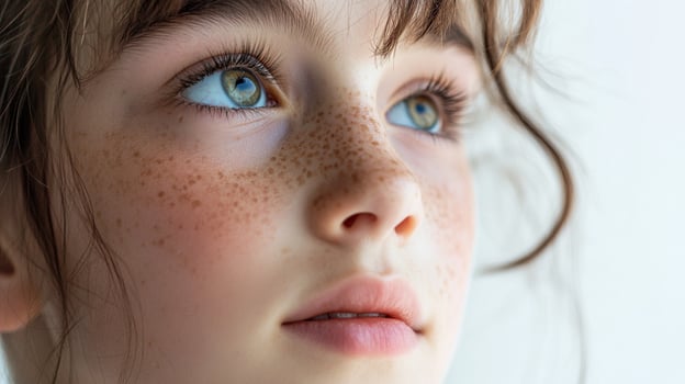 Portrait of a young girl with freckles, fair skin and beautiful eyes looking up towards a light in a studio. Beauty and innocence. photo