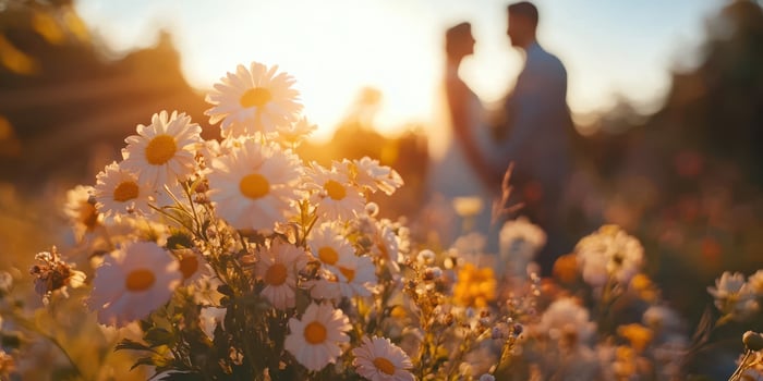 Couples enjoying a romantic moment among daisy flowers at sunset in a serene outdoor setting photo