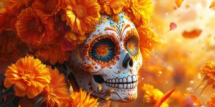 Colorful skull adorned with orange marigold flowers in a vibrant celebration of life and death during a traditional festival photo