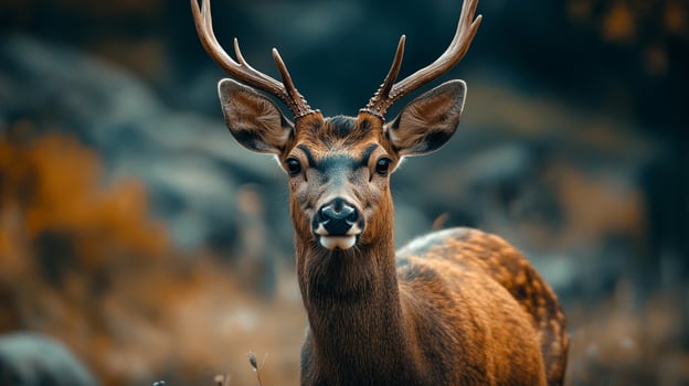 A majestic deer stands alert amidst a tranquil forest, showcasing its impressive antlers in this captivating nature portrait. photo