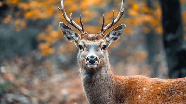 Portrait of a deer with antlers in a forest setting, showcasing its natural beauty and connection with the autumn woodland environment. photo