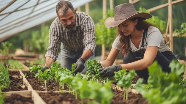 Farmers planting seedlings of kale in greenhouse photo