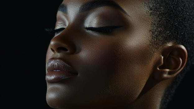 Close-up of a Black woman's face. She has her eyes closed and appears relaxed, highlighting her makeup against a dark background. photo