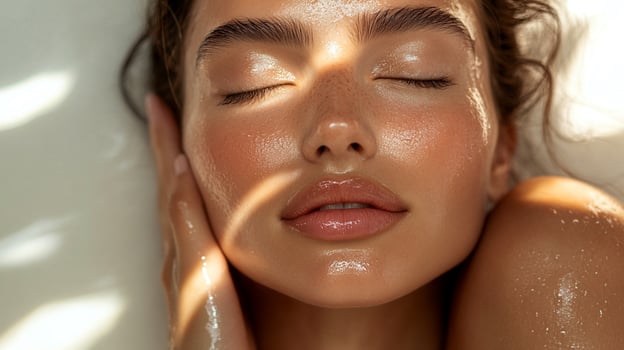 Woman with dewy skin, radiant glow, enhanced features, embodying natural beauty. A serene, sunlit moment of skincare and personal care. photo