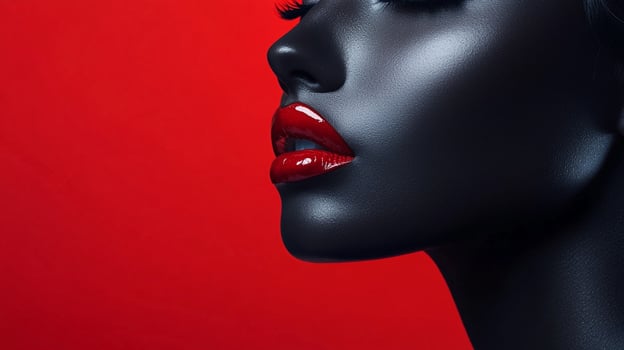 Striking portrait with stark contrast between deep skin tone and vivid red lips against a bold, saturated red backdrop. Bold and vibrant. photo