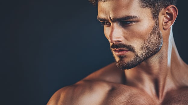 A striking portrait of a thoughtful man with a beard, showcasing strength and contemplation against a deep, solid colored background. photo