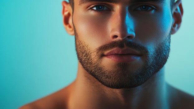 Portrait of a handsome man with striking features. The lighting highlights his skin and eyes against a cool toned background. photo